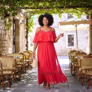 ASHLEY NELL TIPTON Swiss Dot Cold Shoulder Maxi  Dress - Size 1X